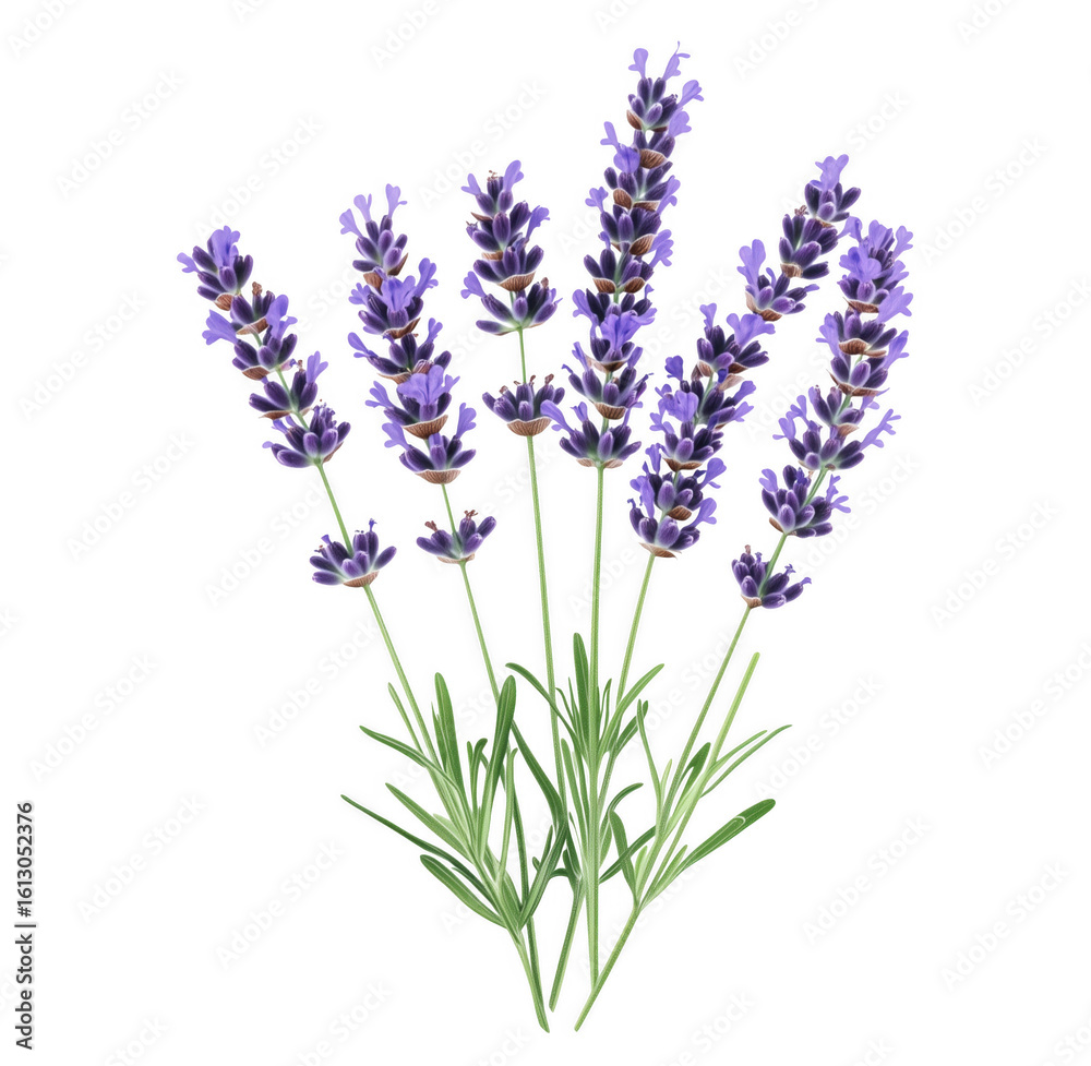 Obraz premium Elegant illustration of purple lavender flowers with green leaves against a transparent background