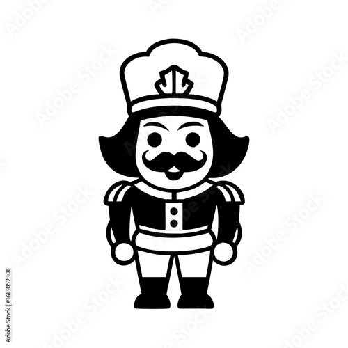 Nutcracker soldier silhouette in black and white-Vector illustration of a traditional nutcracker figure, styled as a toy soldier with a mustache, hat, and uniform, isolated on white background.
