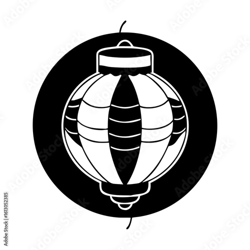 Traditional Chinese paper lantern silhouette icon-Black and white vector illustration of a hanging Chinese paper lantern with decorative details, isolated inside a circular background shape.