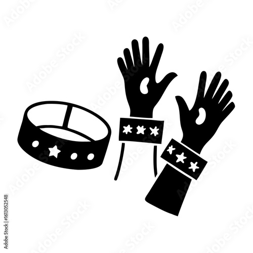 Black silhouette of superhero gloves and belt-Stylized black silhouette illustration of superhero costume accessories, including gloves with star cuffs and a matching belt, symbolizing hero attire.