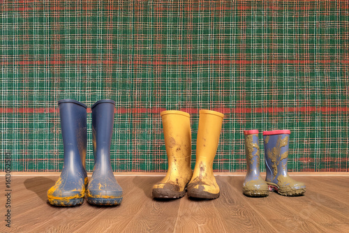 Die Gummistiefel einer Familie nach einem Ausflug.