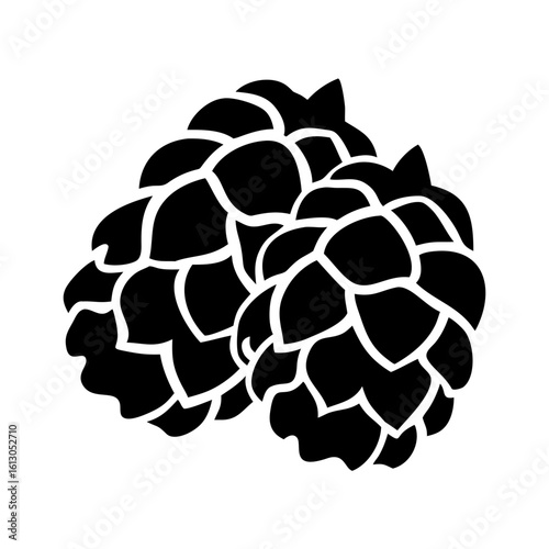 Black silhouette of two pinecones illustration-Stylized black silhouette of two pinecones with detailed scales, symbolizing forest nature, winter season, woodland elements, and holiday decoration.