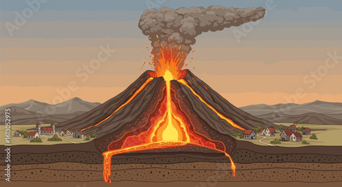 Erupting Volcano with Lava Flow, Smoke, and Surrounding Village Illustration