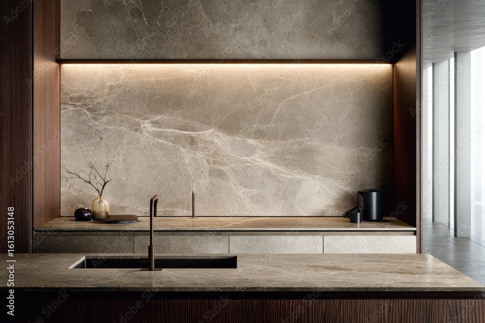 Modern kitchen with marble backsplash and dark wood cabinetry Modern kitchen with marble backsplash and dark wood cabinetry