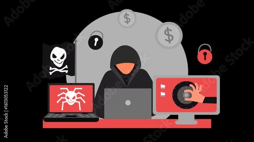 Hacker Concept Illustration With Laptop, Lock Icons, and Malware Symbols
