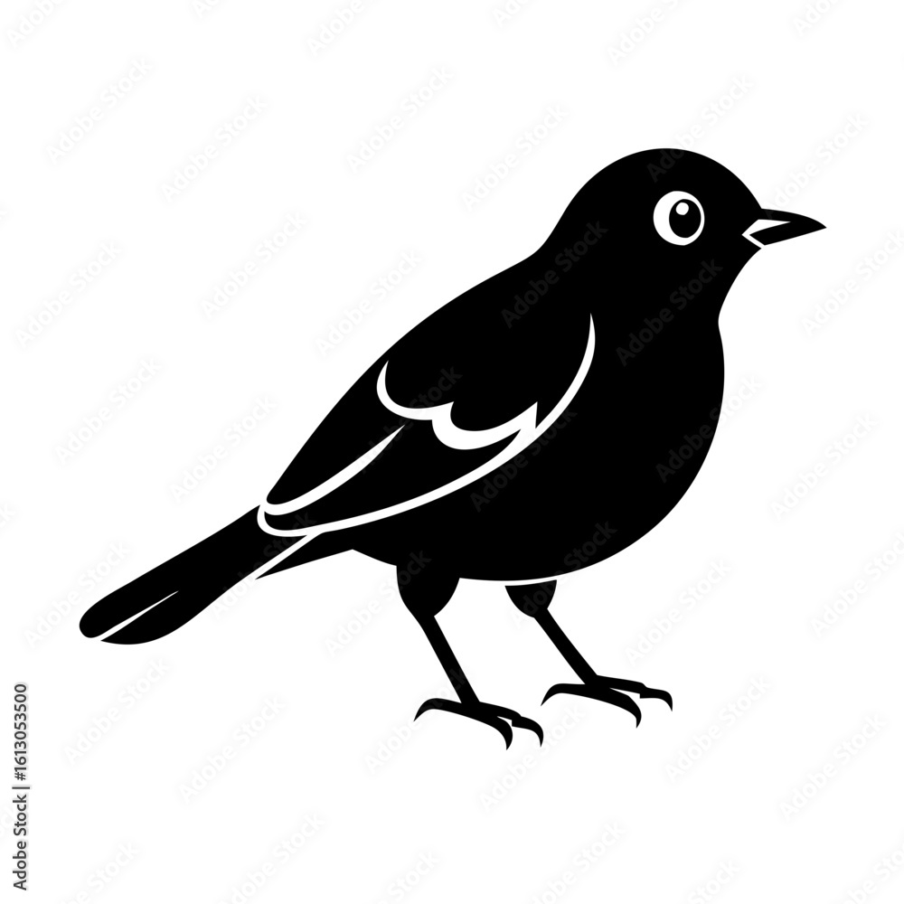 Obraz premium Black Songbird Silhouette Standing Side View-Simple black silhouette of a small songbird standing in profile, perfect for nature designs, birdwatching icons, and wildlife illustrations.
