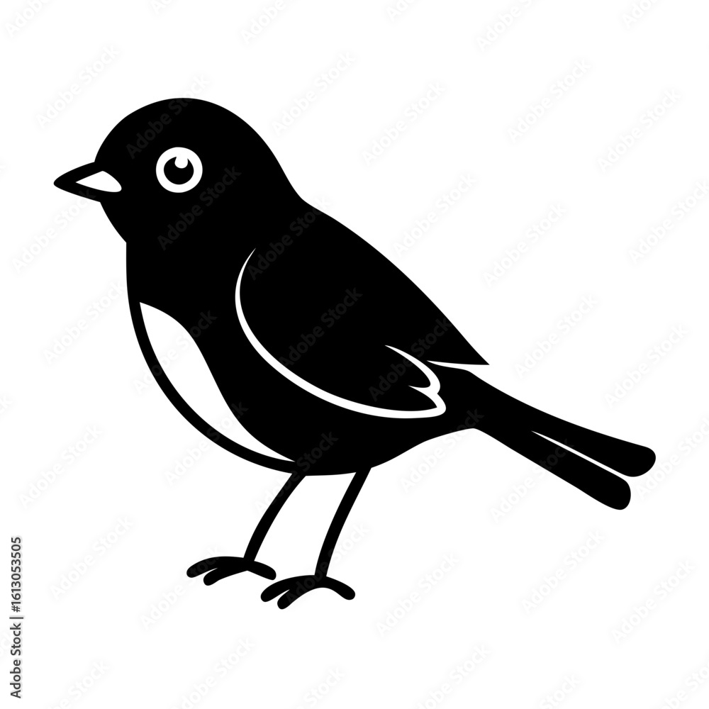 Obraz premium Small Songbird Silhouette Icon in Black-Black silhouette of a cute standing songbird with detailed wings and beak, ideal for nature, wildlife, and birdwatching-themed designs.