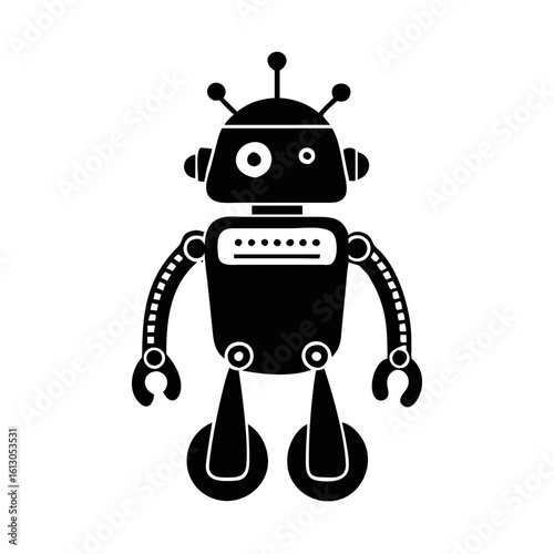 Retro Robot Silhouette with Antennas and Claws-Black silhouette of a vintage robot with antennas, mechanical arms, and claw hands, ideal for sci-fi, tech, and cartoon-style graphics.