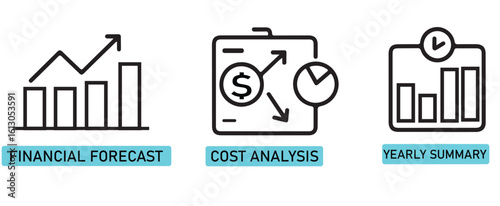 Illustration showing financial forecast cost analysis and yearly summary with black lines and white fill