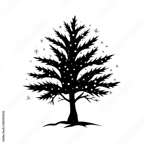 Silhouette of snowy pine tree with falling flakes-Black and white illustration of a pine tree covered in snow with scattered snowflakes, representing a wintry outdoor forest scene.