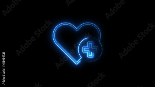 Glowing blue neon heart with plus sign on black background healthcare concept