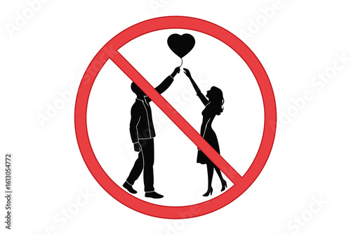 Couple silhouette reaching for a heart balloon with a red prohibition sign over them isolated on white background silhouette