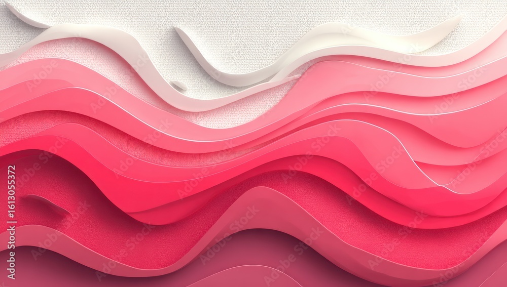 Obraz premium Abstract waves transition from white to deep pink, suggesting depth and flow. Textured paper adds realism. Clean lines emphasize the gradual color change and dynamic form