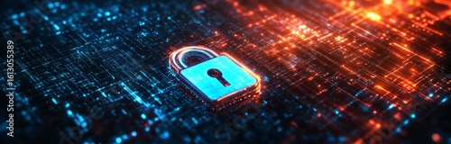Digital lock symbol on circuit board. Cybersecurity data protection, information privacy, and network