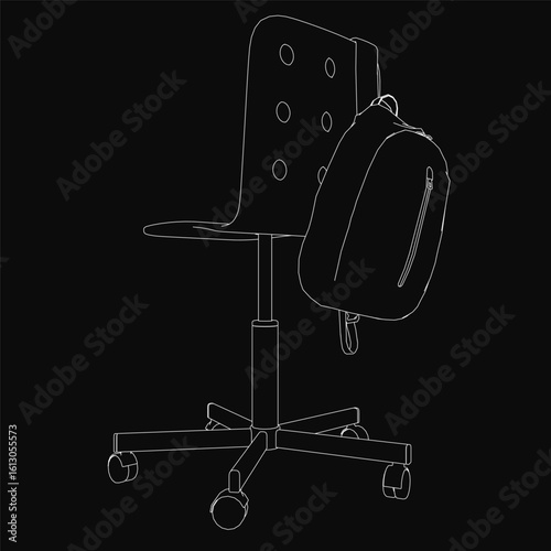 A sleek black office chair with a curved backrest and armrests stands against a dark background. A backpack hangs from the chair's contour, ready for use.