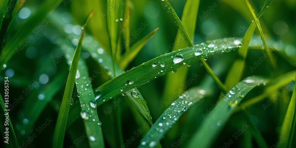 Obraz premium The grass is wet and shiny, reflecting the sunlight.