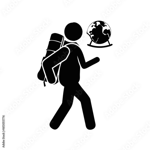 Backpacker Icon with Globe for World Travel-Black and white vector of a walking backpacker figure with rolled gear and globe, representing global exploration or outdoor adventure.