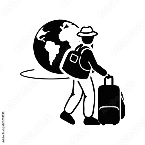 World Traveler Icon with Suitcase and Globe-Black and white vector of a traveler wearing a hat and backpack, pulling a suitcase with a globe in the background, symbolizing global travel.
