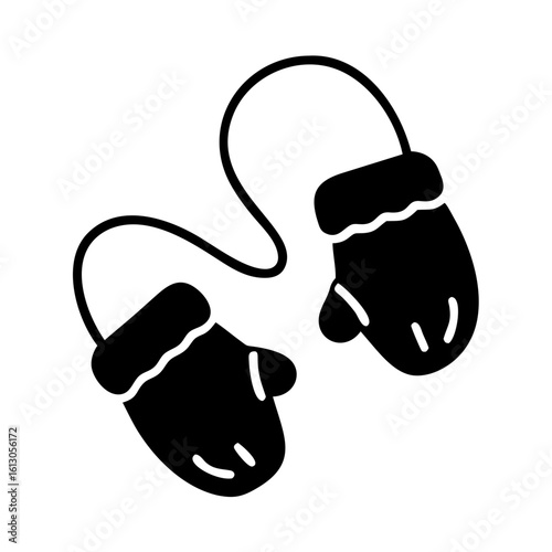 Winter mittens connected by string silhouette-Black and white icon of cozy winter mittens joined by a string, symbolizing warmth, childhood, and cold weather apparel.
