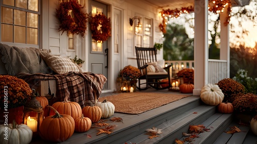 Fototapeta Naklejka Na Ścianę i Meble -  Porch with a wreath and pumpkins on it.