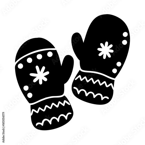 Winter mittens with snowflake and pattern design-Black silhouette of cozy winter mittens decorated with snowflakes and zigzag patterns, representing warmth, holiday, and winter fashion.

