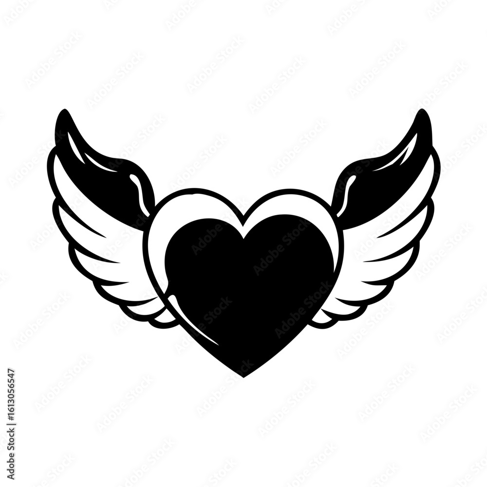 Obraz premium Black Heart with Wings Vector Tattoo Design-Bold black vector illustration of a heart with wings, ideal for tattoo art, love themes, or romantic graphic projects.