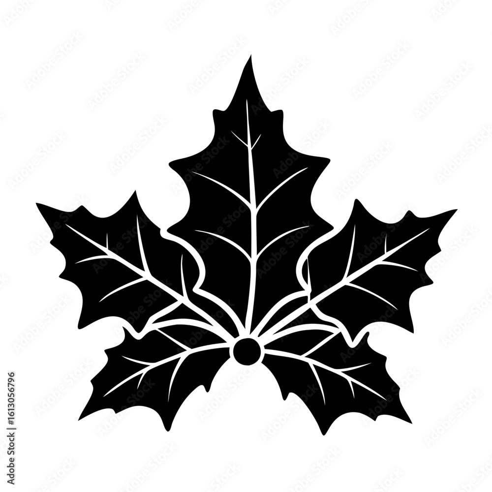 Naklejka premium Black Silhouette of Holly Leaves and Berries-Vector illustration of three holly leaves and a berry in black silhouette style, commonly used for Christmas or winter designs.