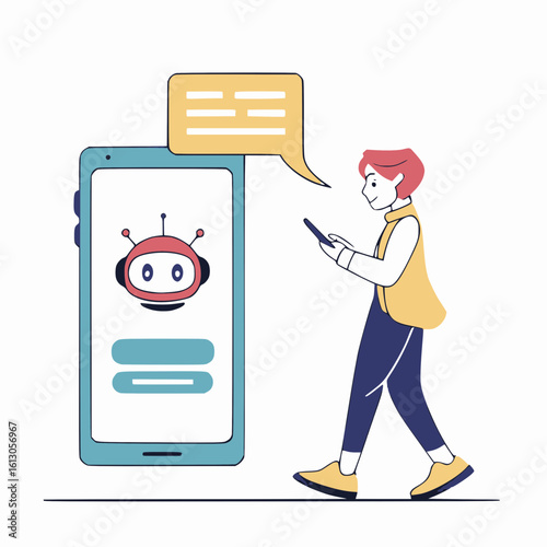 Minimilist person interacting with a chatbot on a smartphone with a message bubble and a robot icon display vector