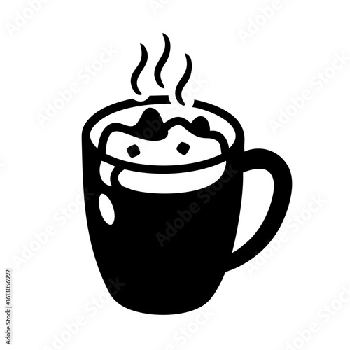 Black and white icon of hot drink with marshmallows-Simple vector illustration of a steaming mug filled with a hot beverage and marshmallows, symbolizing warmth, comfort, and winter treats.