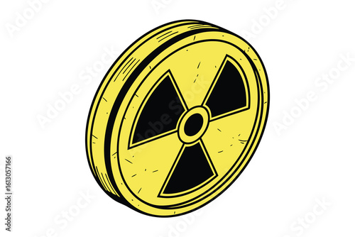 A yellow circular hazard symbol with a black radiation warning sign silhouette isolated on white background