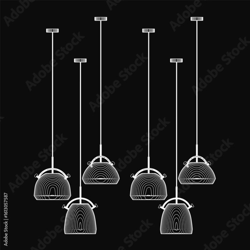 Pendant lights with unique designs hang in a straight line from a black ceiling. The sleek contours of each lamp create a striking contrast against the dark background.