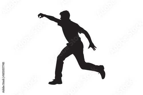Silhouette of a bowler in action capturing the dynamic movement of a cricket player during the delivery stride isolated against a clean white background for