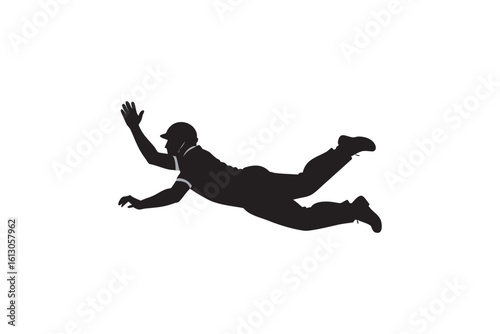 Silhouette of a cricket fielder diving to catch the ball showcasing athleticism and skill in a dynamic action pose against a clean white background
