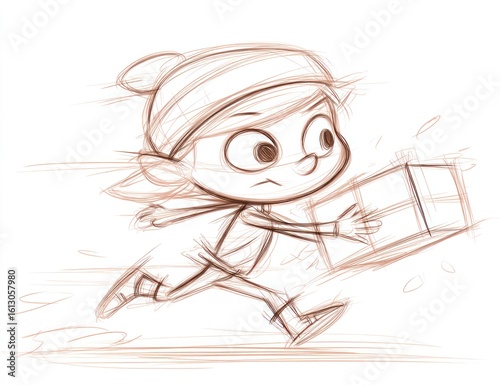Whimsical sketchy style drawing of a determined young girl running quickly with a package. Hat, scarf, motion lines, and a look of purpose create a dynamic feel