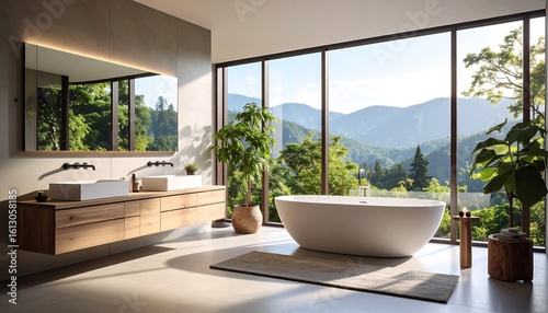Modern bathroom with mountain view, wood vanity, and freestanding tub
