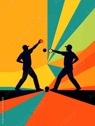 Pétanque Game Flat Vector – Minimalist Black Silhouettes on Vibrant Background

