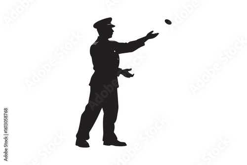 Silhouette of a uniformed officer tossing a coin isolated on a white background depicting military tradition decision making chance or a symbolic gesture of authority