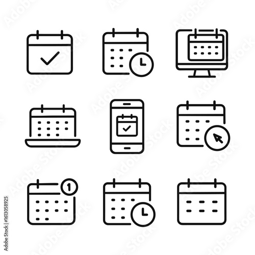 Digital calendar and online booking icons. Outline symbols. Line design