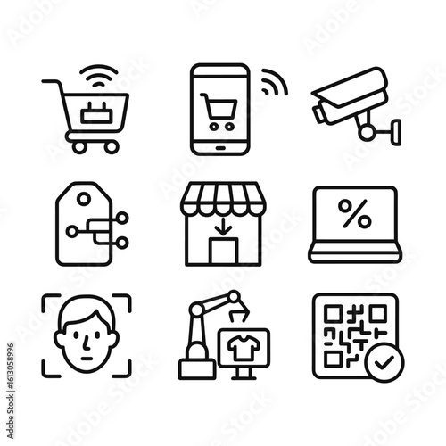 Modern retail technology vector icon collection. Outline symbols. Line design