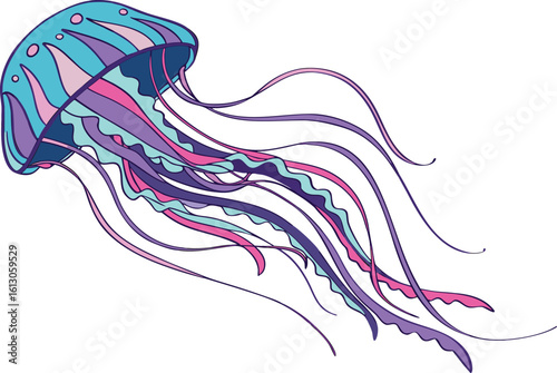 Realistic colorful jellyfish illustration with lifelike tentacles and vibrant ocean gradient perfect for marine artwork. Realistic colorful jellyfish drawing with detailed textures and natural