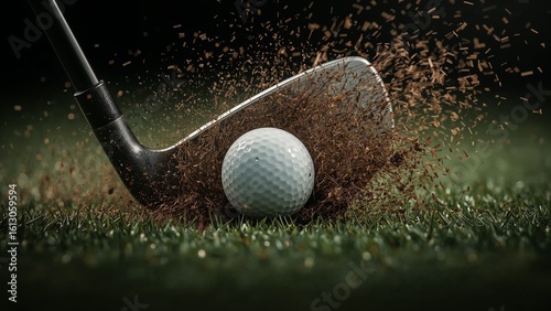 Golf club striking a white golf ball on green turf with flying debris
