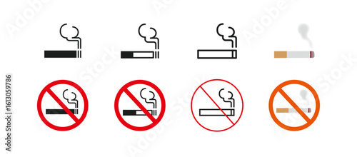 Simple icon set of tobacco and non-smoking icons, 4 styles: line, black paint, and color