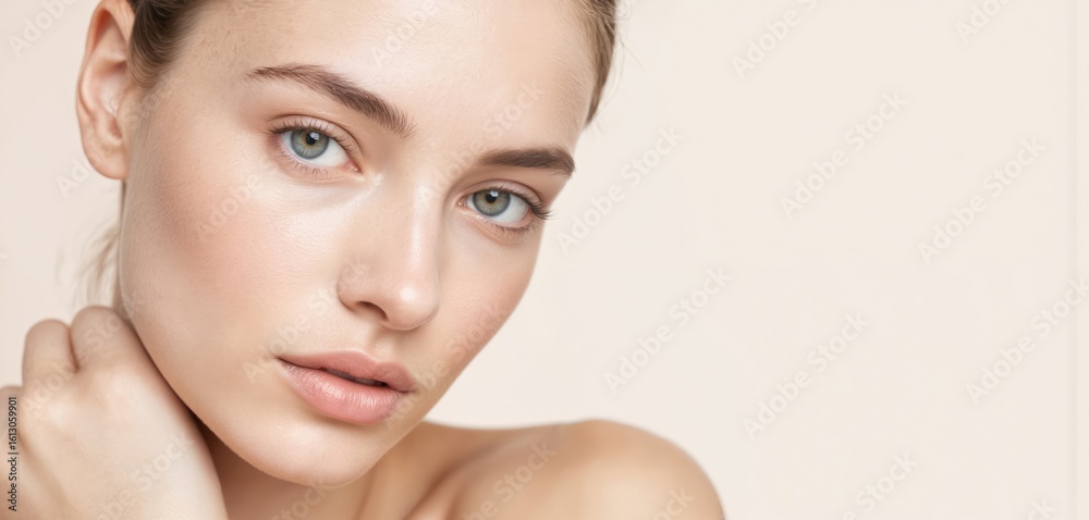Naklejka premium Close-up portrait of young woman with radiant, youthful appearance and glowing skin. Hair styled in loose waves, gaze directed upwards. Light gray background emphasizes subject.