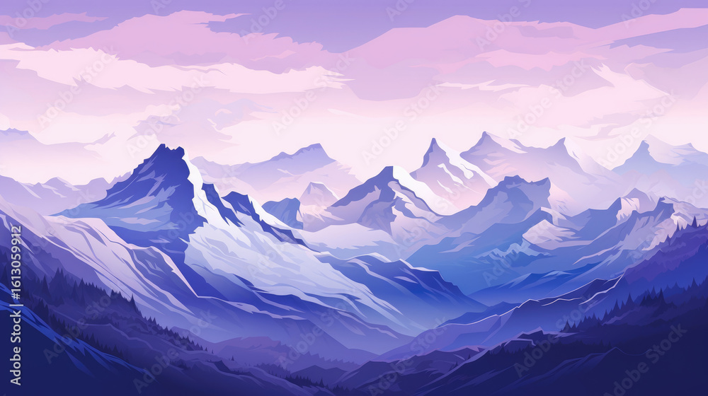 Obraz premium Illustration of Mountain Landscape with Snow-Covered Peaks at Sunset