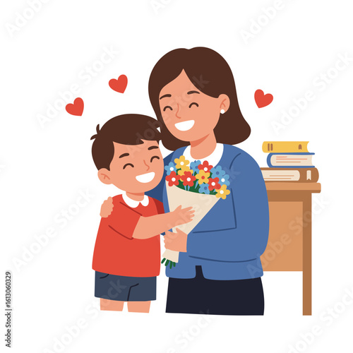Child hugging teacher with bouquet and schoolbooks nearby