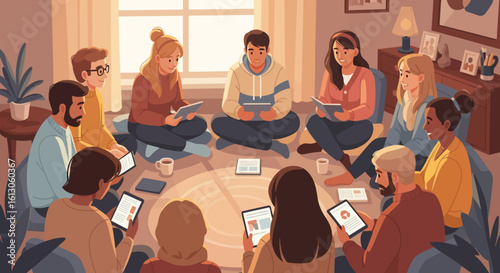 Group of Diverse People Gathered Reading and Using Tablets in a Cozy Setting