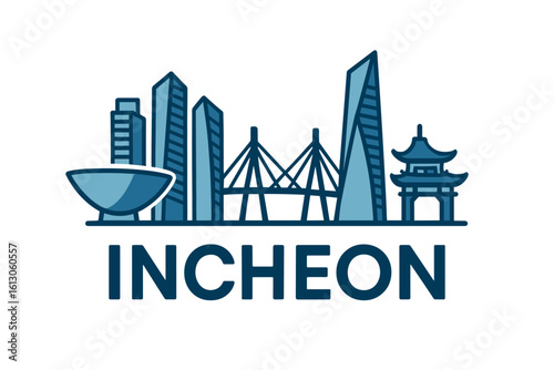Incheon city skyline with iconic buildings and landmarks