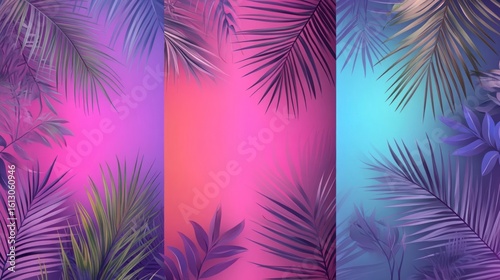 Tropical themed banners set. Creative compositions of colorful palm leaves and branches. Abstract geometric design templates for posters, covers, wallpapers with place for text