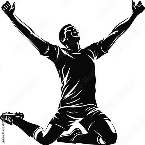 Silhouette of a Victorious Athlete in a Dynamic Pose Celebrating Success with Arms Raised on Knees Expressing Triumph