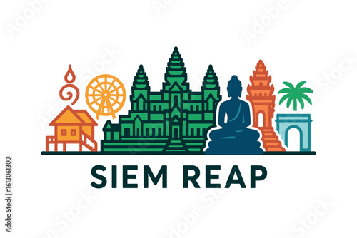 Siem Reap city skyline with iconic buildings and landmarks